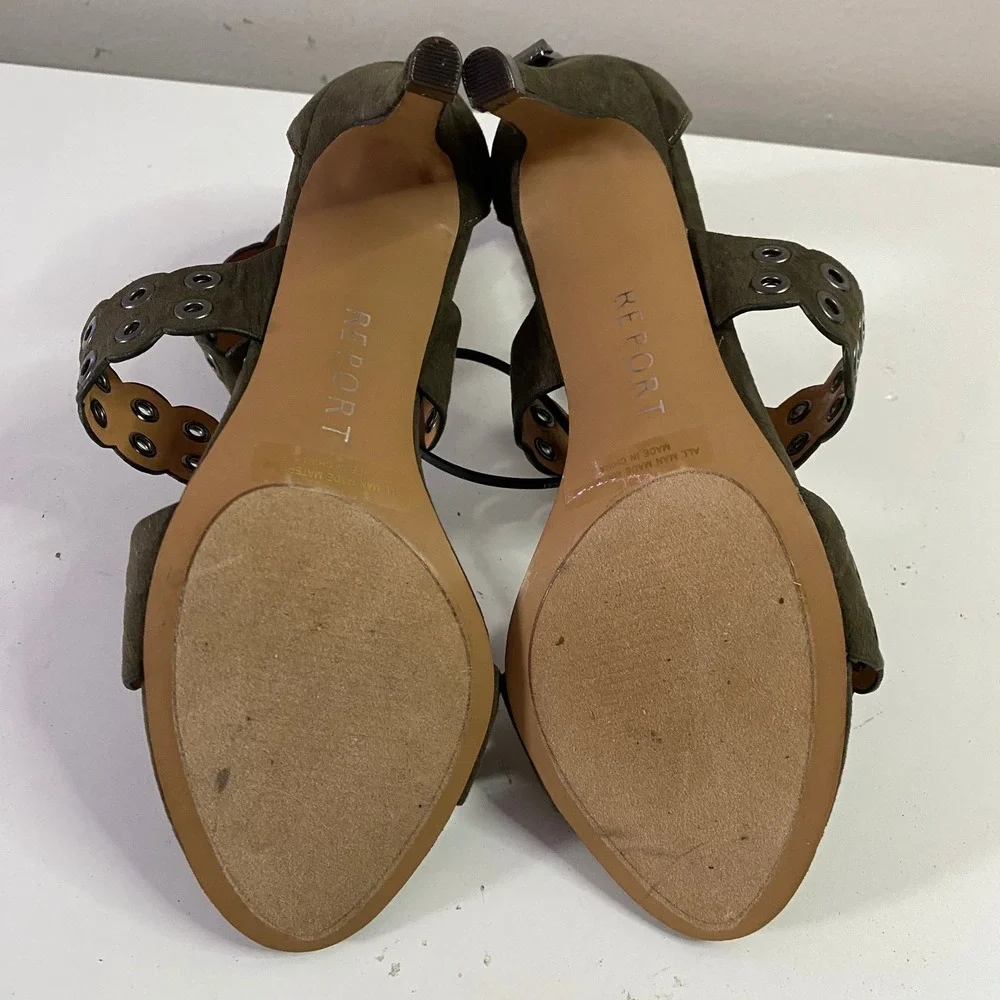 Report Apollo Sandals Womens 6 Olive‎ Green Grommet Scalloped Heel